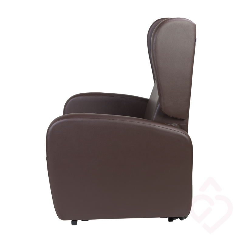 Poltrona elétrica bimotor relax em napa castanha com função elevatória, vista lateral