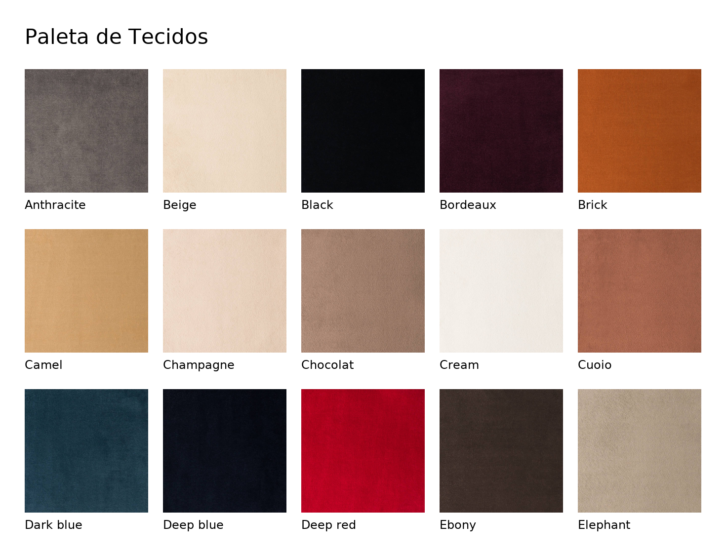 Tabela de cores disponíveis para cadeirão relax em tecido