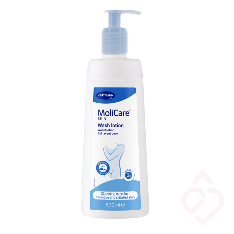 Frasco de 500 ml de loção de lavagem MoliCare Skin com doseador, indicada para a higiene diária suave de pele sensível e irritada.