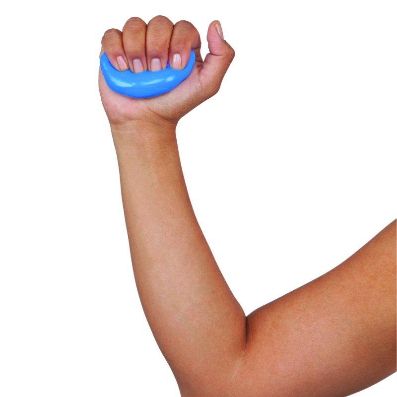 Silicone terapêutico para exercícios de reabilitação e fortalecimento das mãos, disponível em diferentes níveis de resistência, cada um com uma força específica.