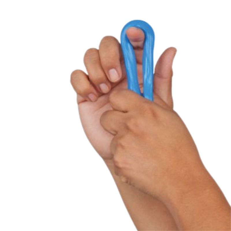 Silicone terapêutico para exercícios de reabilitação e fortalecimento das mãos, disponível em diferentes níveis de resistência, cada um com uma força específica.